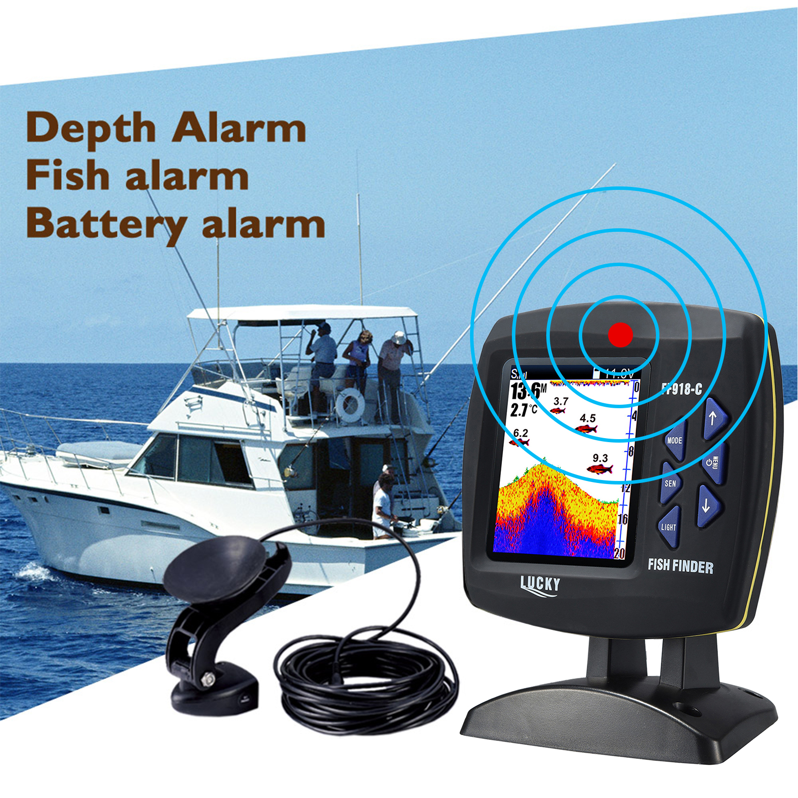 مكتشف الأسماك محول سلكي مستشعر - مراجعة Fishing Depth Finder وسعره