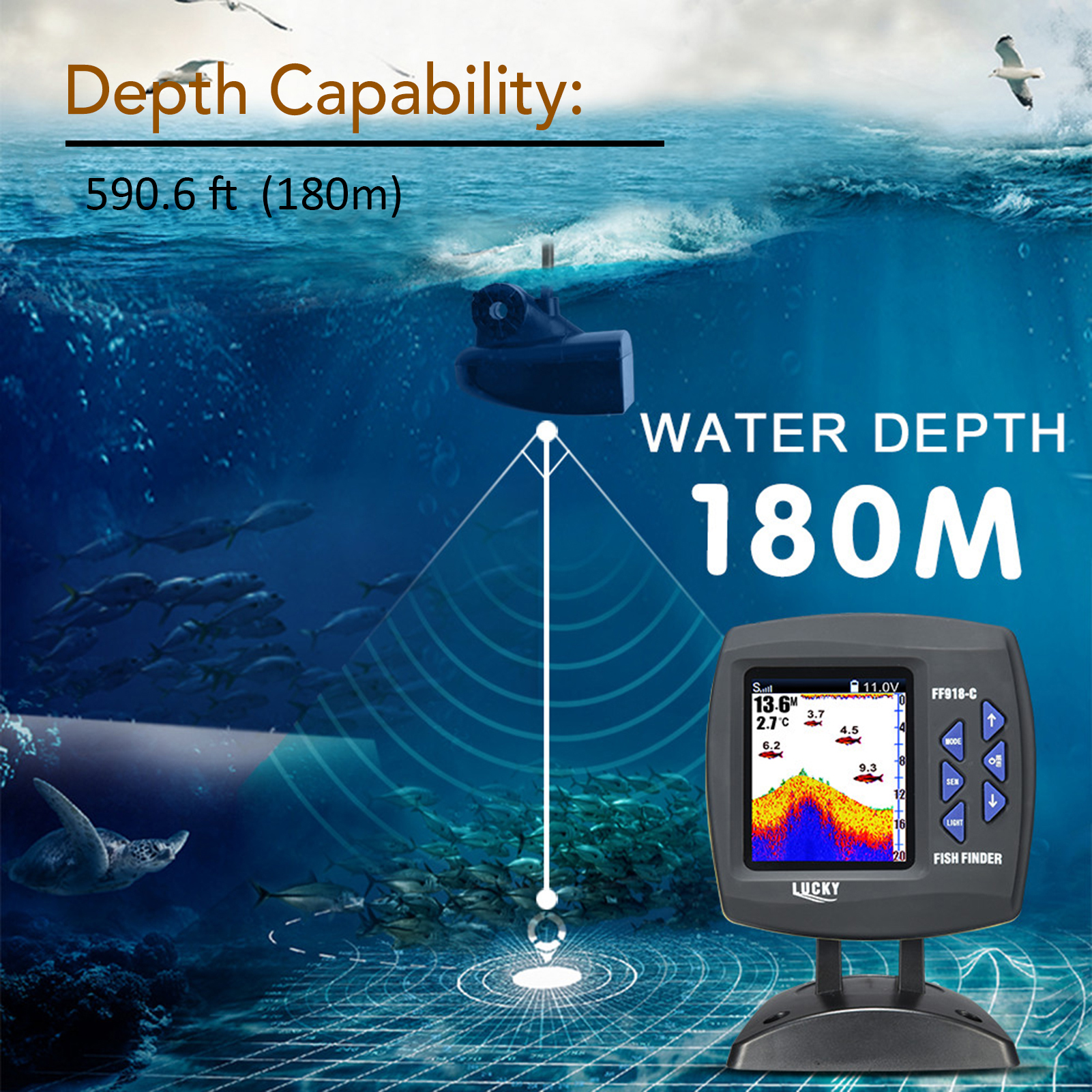مكتشف الأسماك محول سلكي مستشعر - مراجعة Fishing Depth Finder وسعره