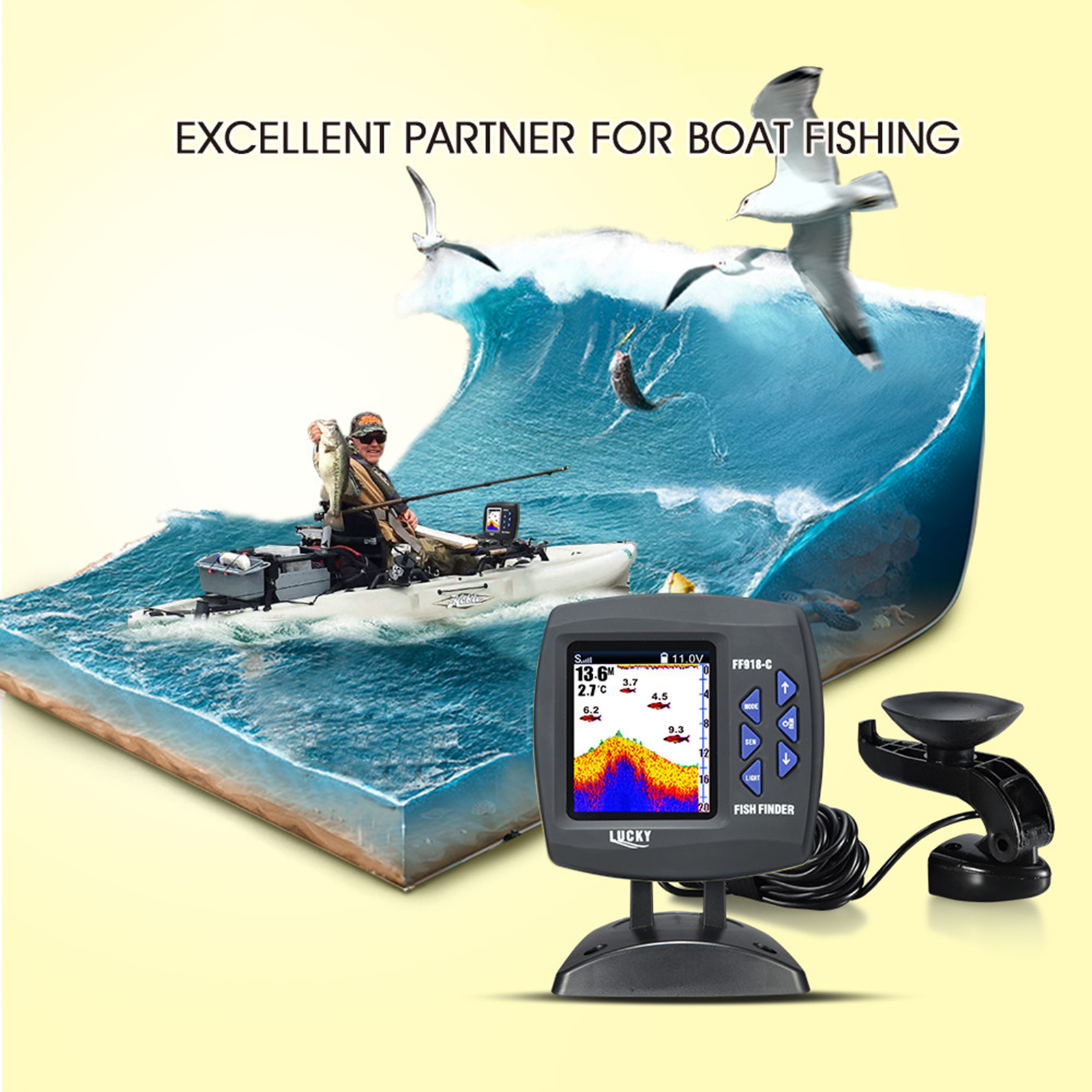 مكتشف الأسماك محول سلكي مستشعر - مراجعة Fishing Depth Finder وسعره
