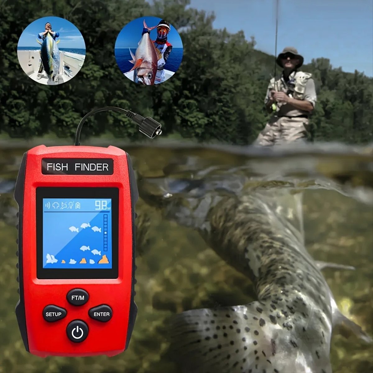 لون LCD صياد السمك السلكية محو - مراجعة Fish Finder Transducer وسعره